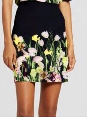 Victoria Beckham  Black Mini Skirt with Yellow, Pink and Green Floral Border